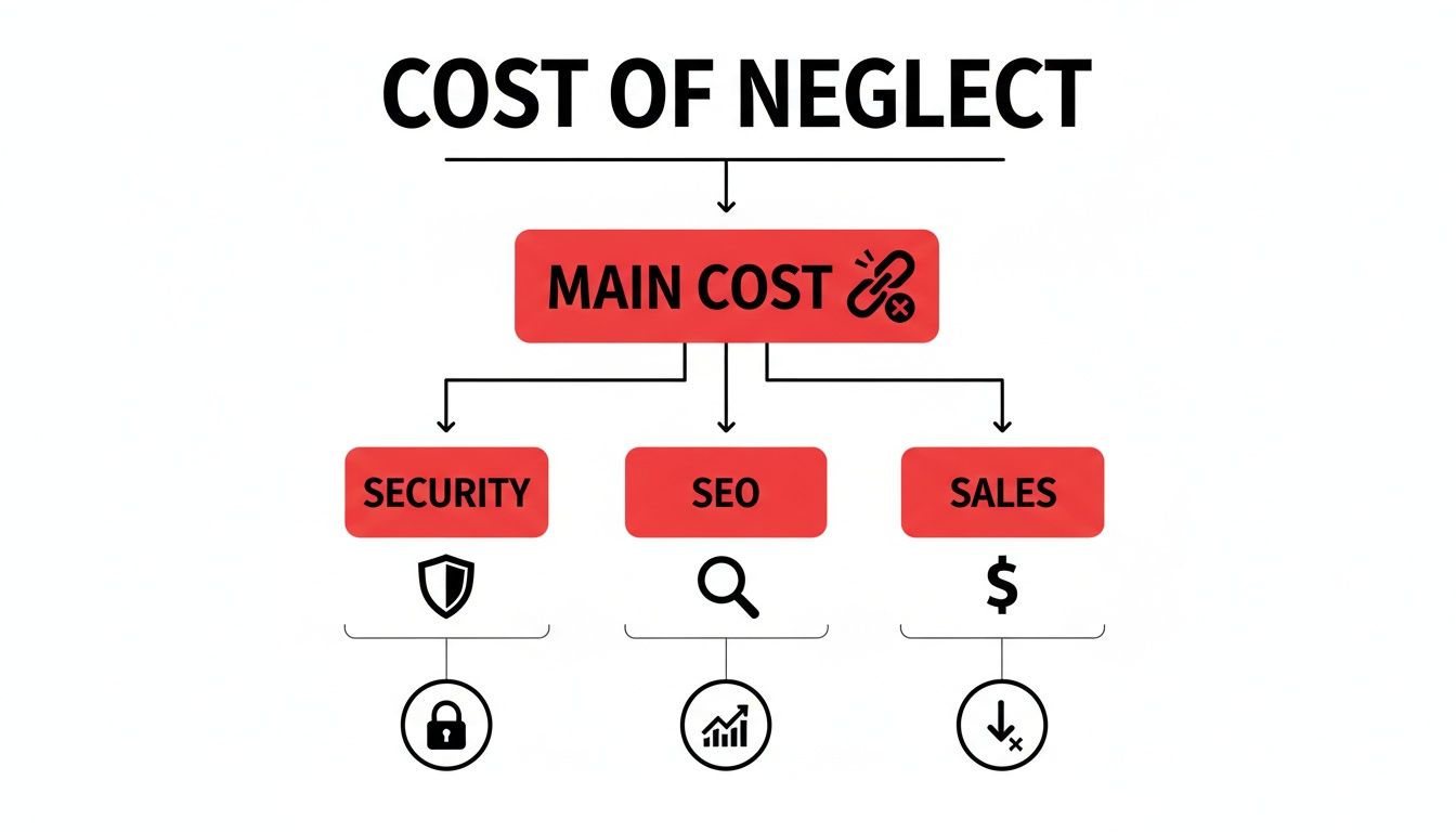 Flowchart illustrating the cost of neglect, detailing impacts on security, SEO, and sales.