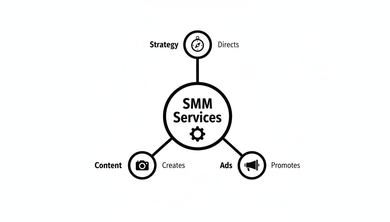 Diagram illustrating SMM Services with branches for Strategy, Content creation, and Ad promotion.
