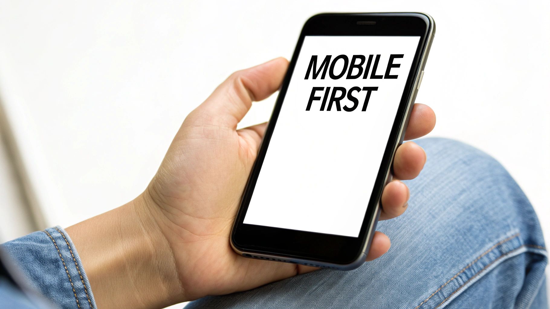 A hand holding a smartphone displaying 'MOBILE FIRST' concept on its white screen, person wearing jeans.