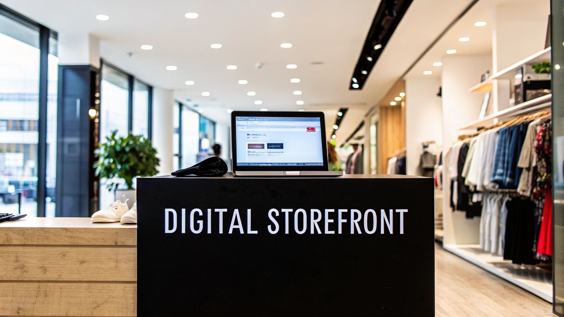 A modern retail store featuring a 'Digital Storefront' sign, laptop, and apparel displays.