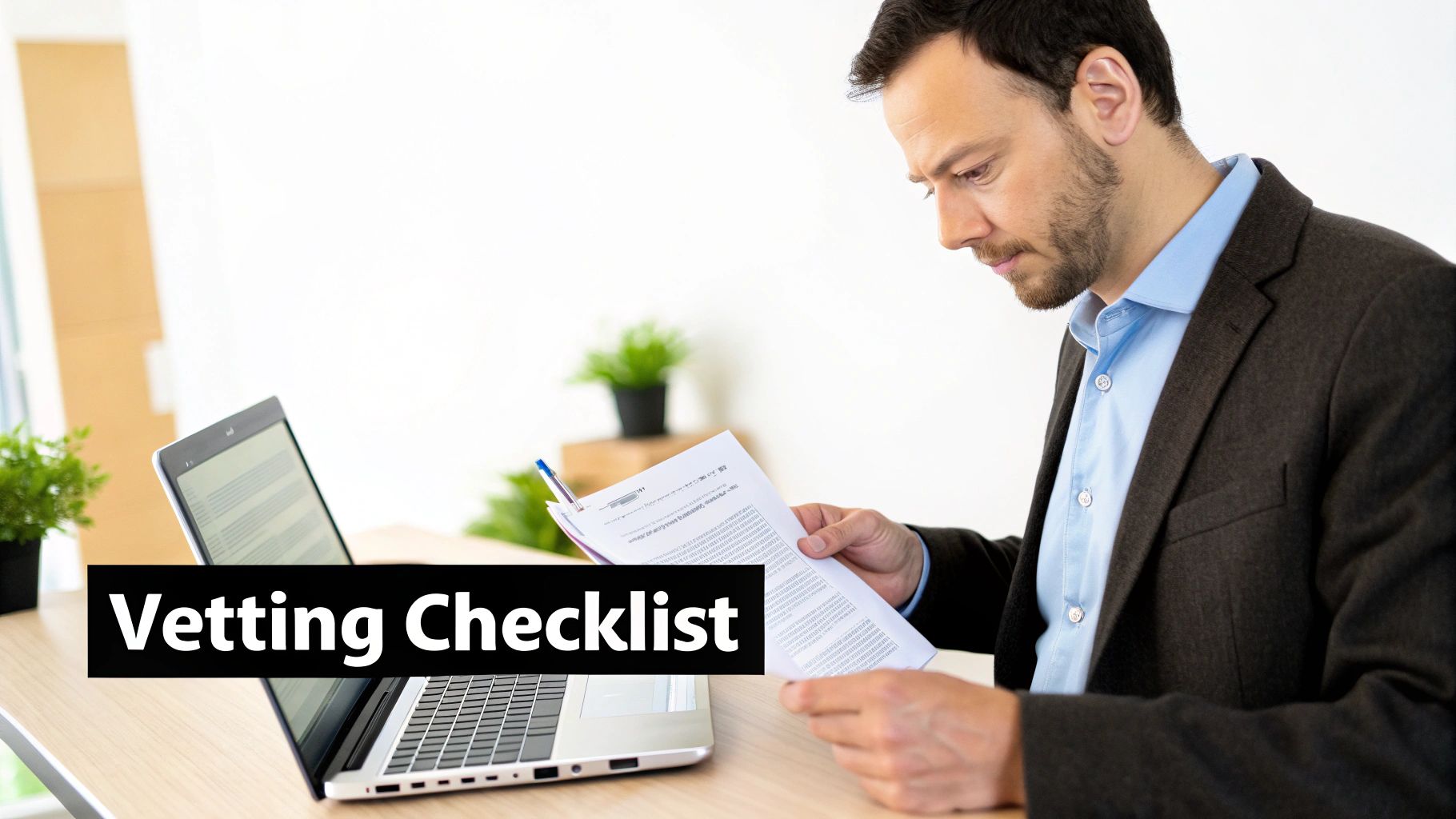 A man in a suit jacket reviews a 'Vetting Checklist' document at his desk with a laptop.
