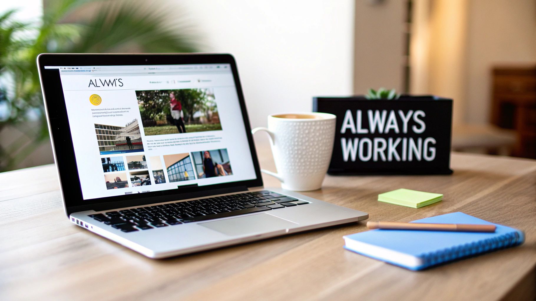 A productive workspace featuring a laptop, coffee, a notebook, and an "ALWAYS WORKING" sign.