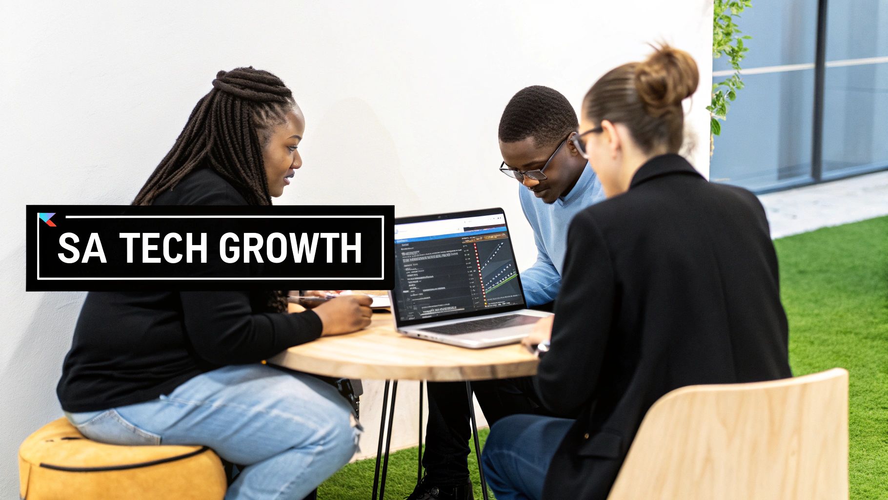 Three diverse professionals collaborate around a laptop displaying charts, discussing SA tech growth.