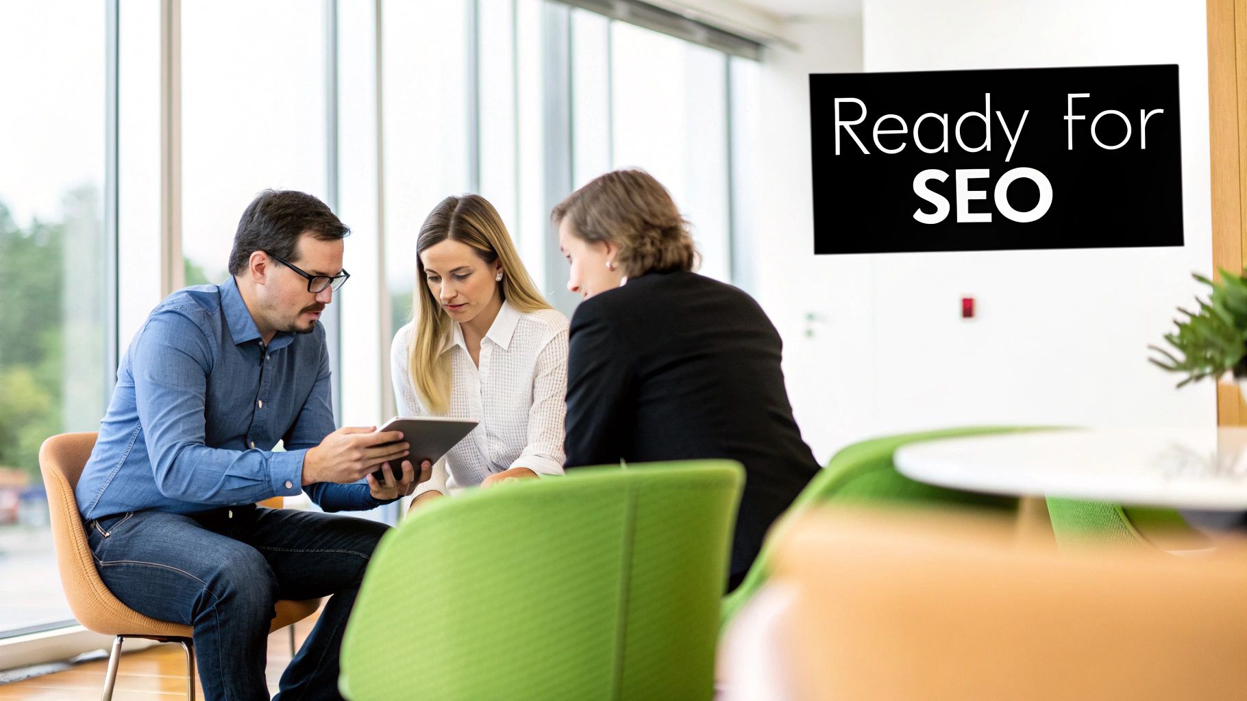 Three business professionals, including a man with a tablet, collaborate in a modern office with an 'Ready For SEO' sign.