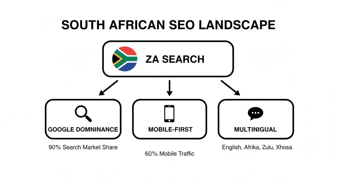 Infographic on South African SEO landscape: Google dominates, mobile-first, and multilingual content in key languages.