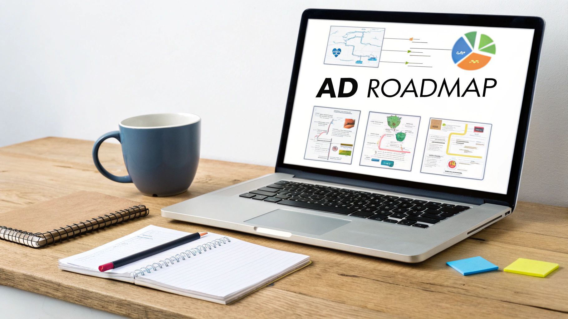 A laptop displaying an 'AD ROADMAP' presentation, with a coffee mug and notebooks on a desk.