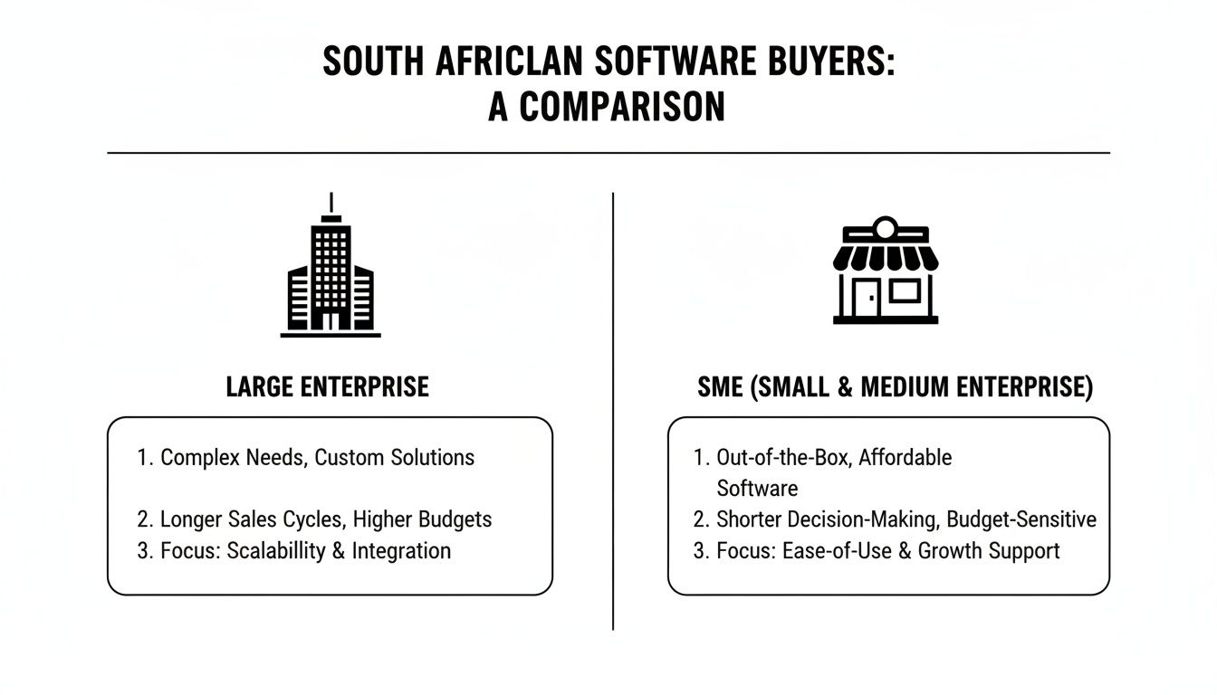 Infographic comparing software buying preferences and needs of large enterprises versus SMEs in South Africa.