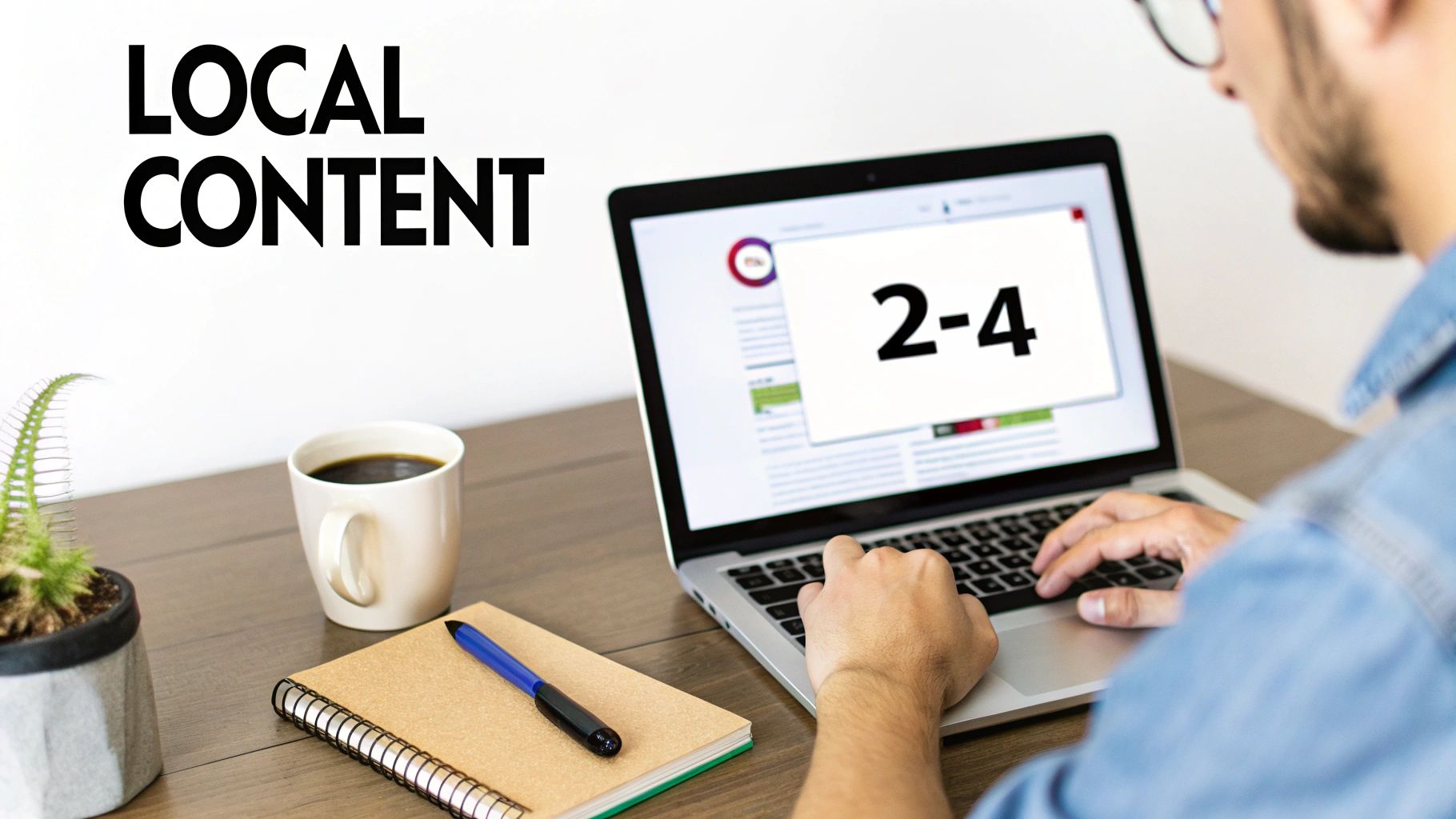 A man works on a laptop, analyzing 'LOCAL CONTENT' with a metric '2-4' on screen, alongside coffee and a notebook.