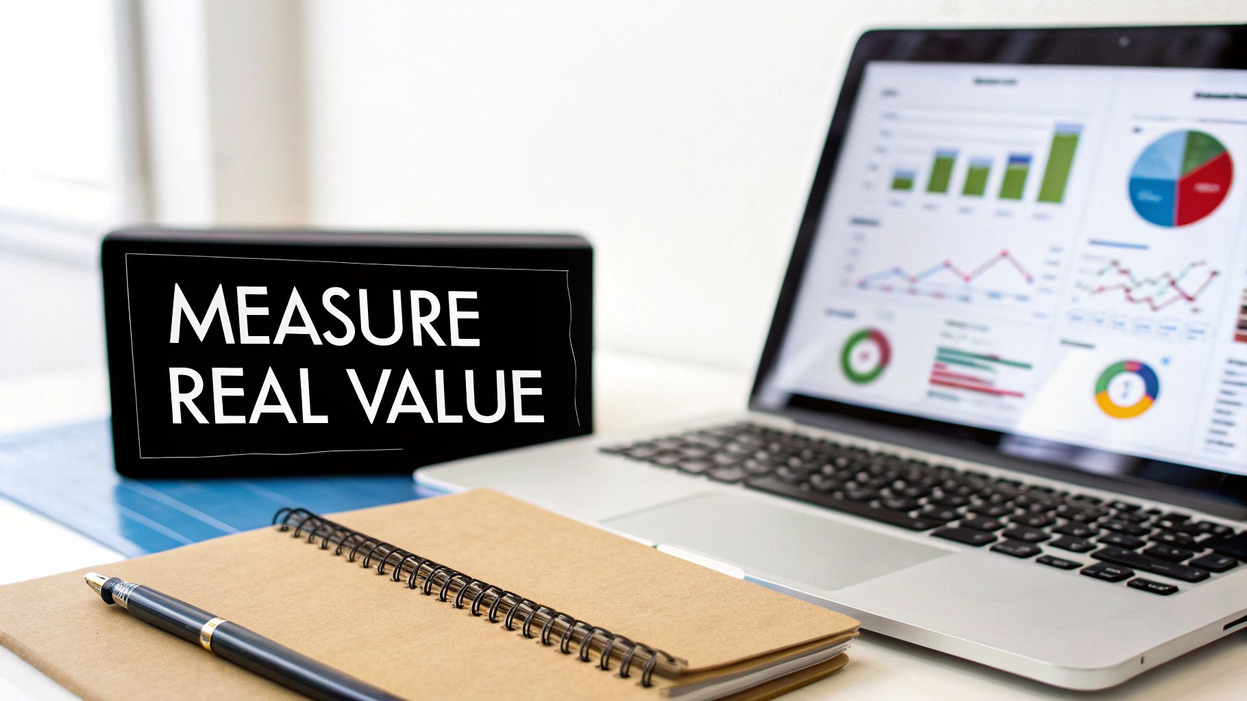 A desk setup with a laptop showing data, a notebook, and a sign saying 'Measure Real Value'.