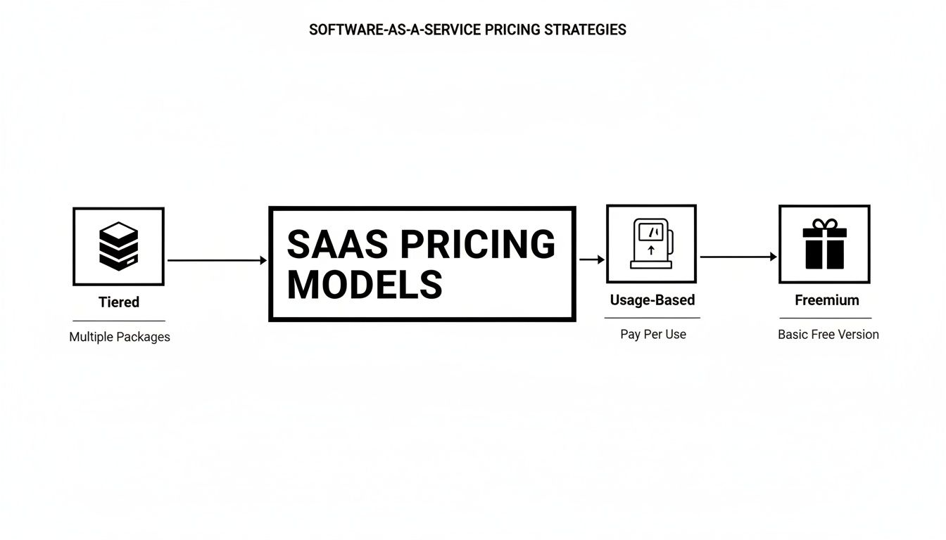 Flowchart illustrating key SaaS pricing strategies: Tiered, Usage-Based, and Freemium models.