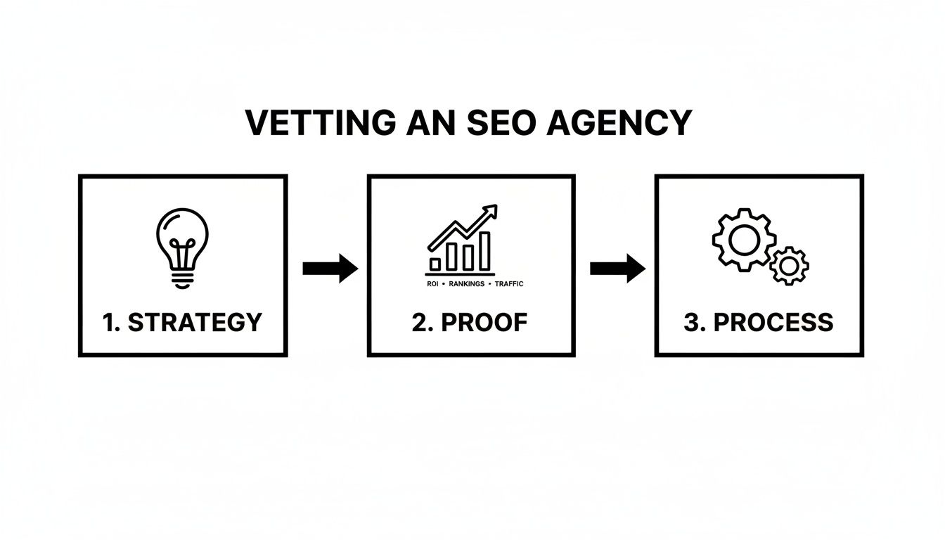Diagram showing three steps for vetting an SEO agency: strategy, proof (ROI, rankings, traffic), and process.