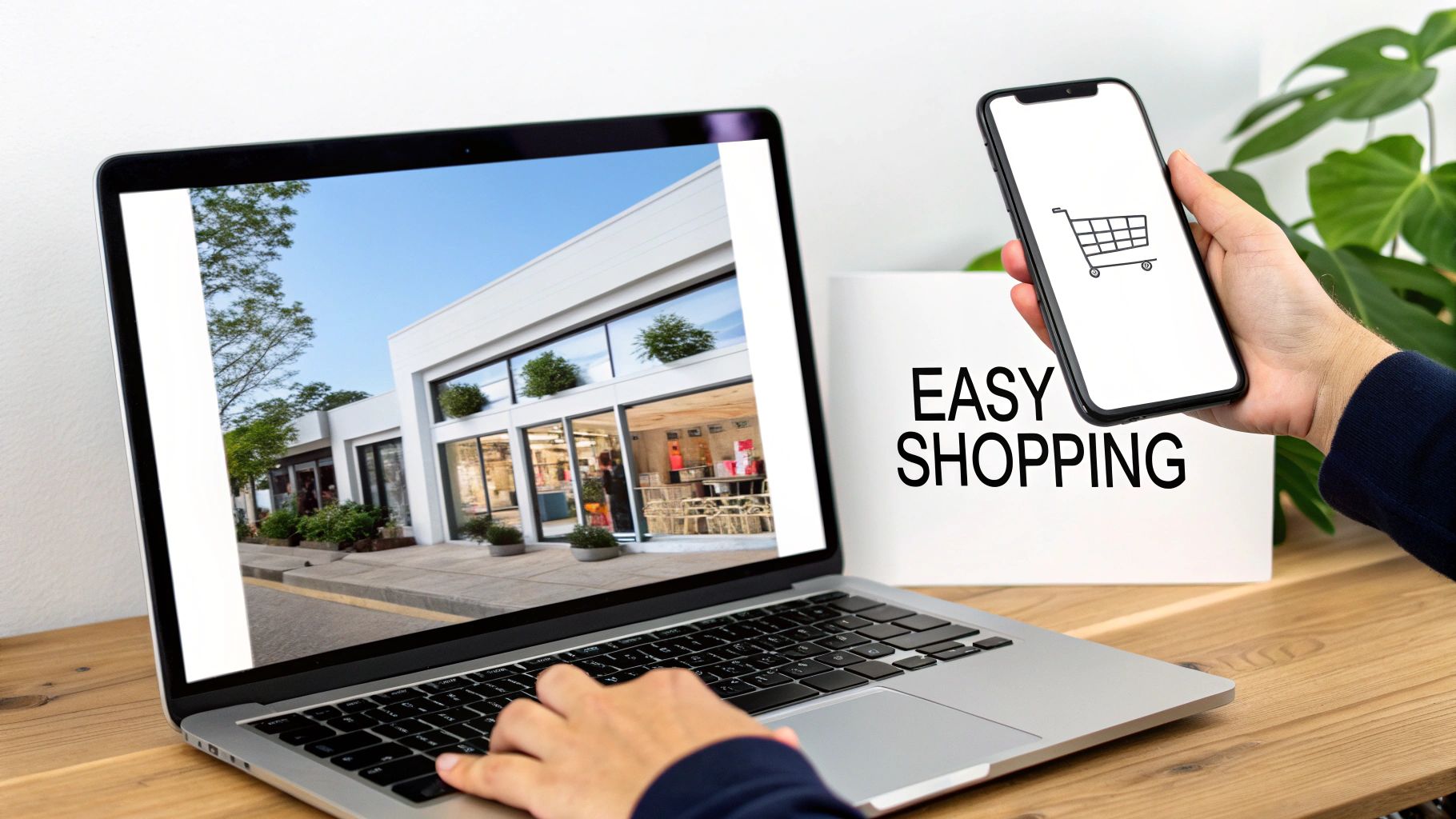 Person shopping online with laptop showing storefronts and phone displaying a cart, near 'Easy Shopping' sign.
