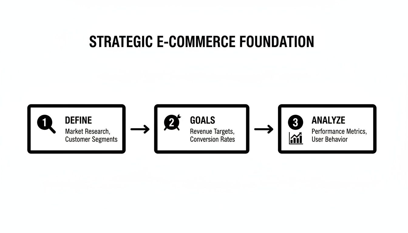 Strategic e-commerce foundation diagram showing define, goals, and analyze steps with key details.