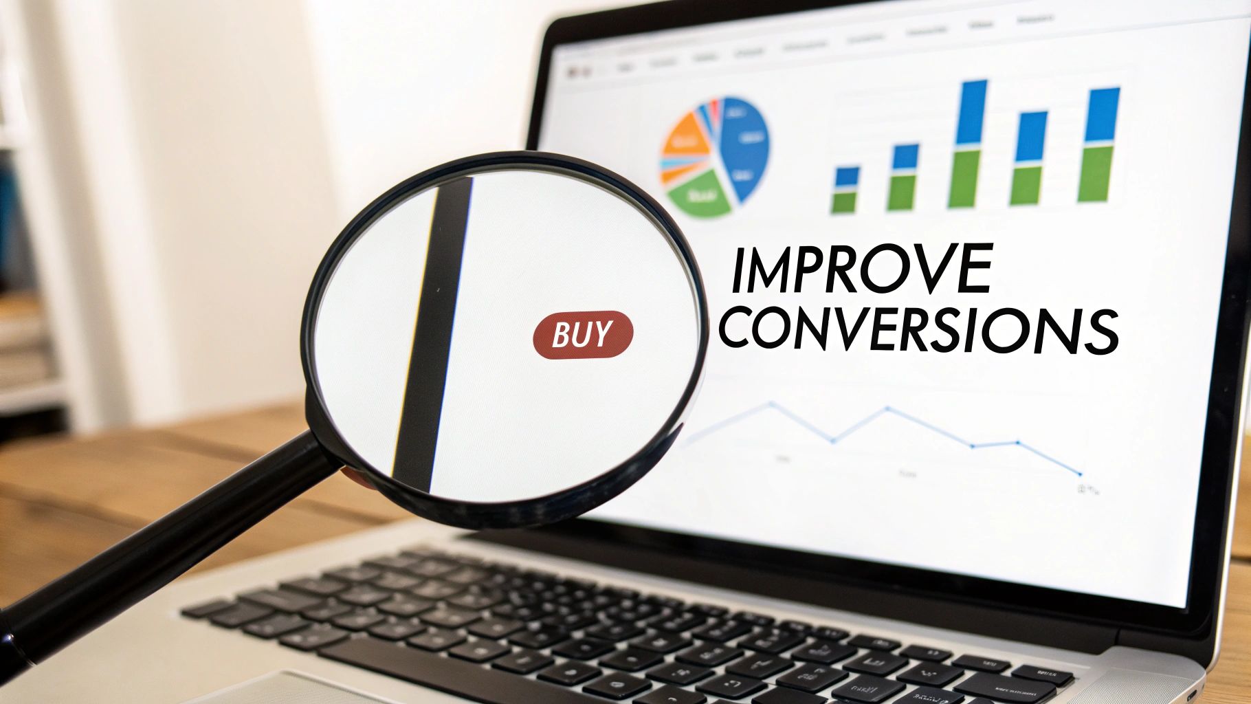 A magnifying glass highlights a 'BUY' button on a laptop screen displaying conversion charts and 'IMPROVE CONVERSIONS' text.