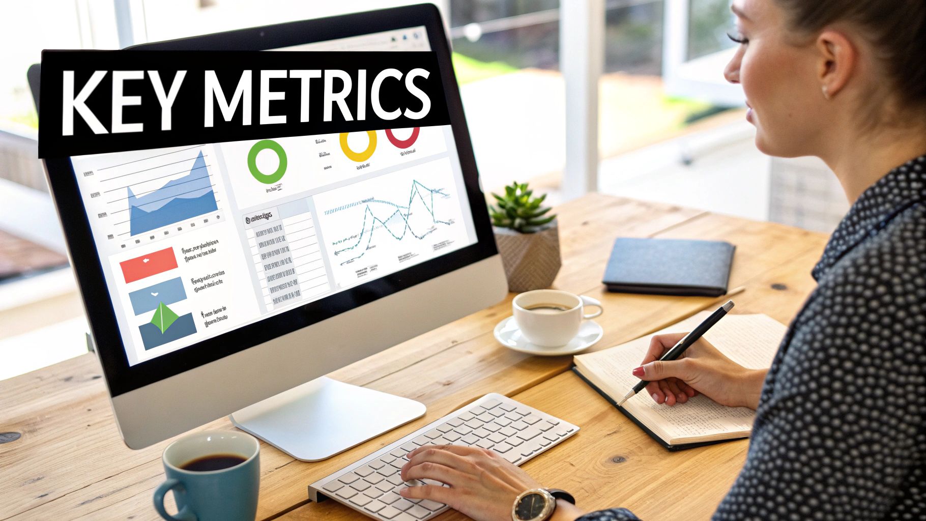 Professional analyzing key business metrics on a computer monitor and taking notes at a modern desk.