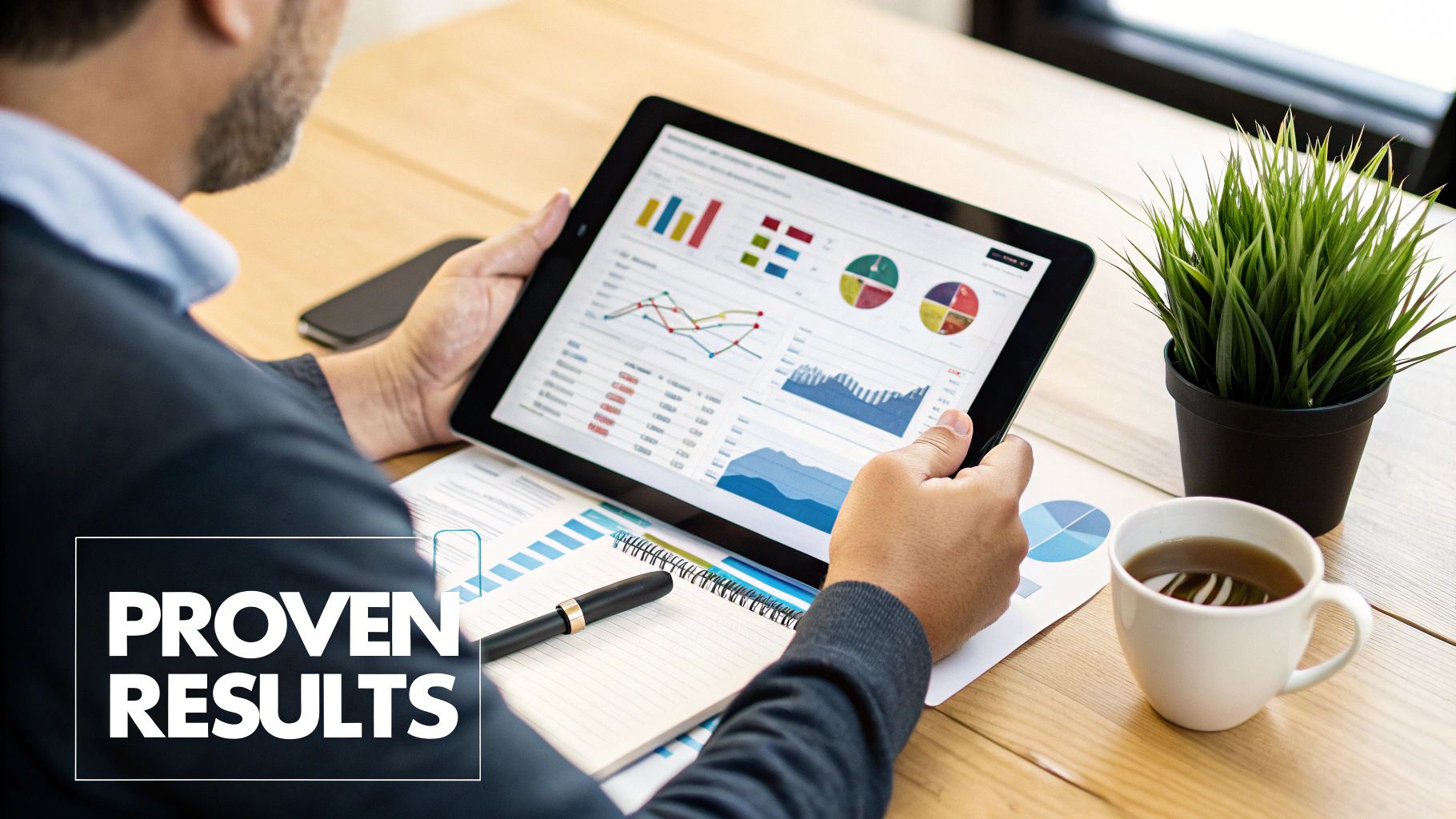 A person analyzing business data and charts on a tablet, with a notebook and coffee on a table.