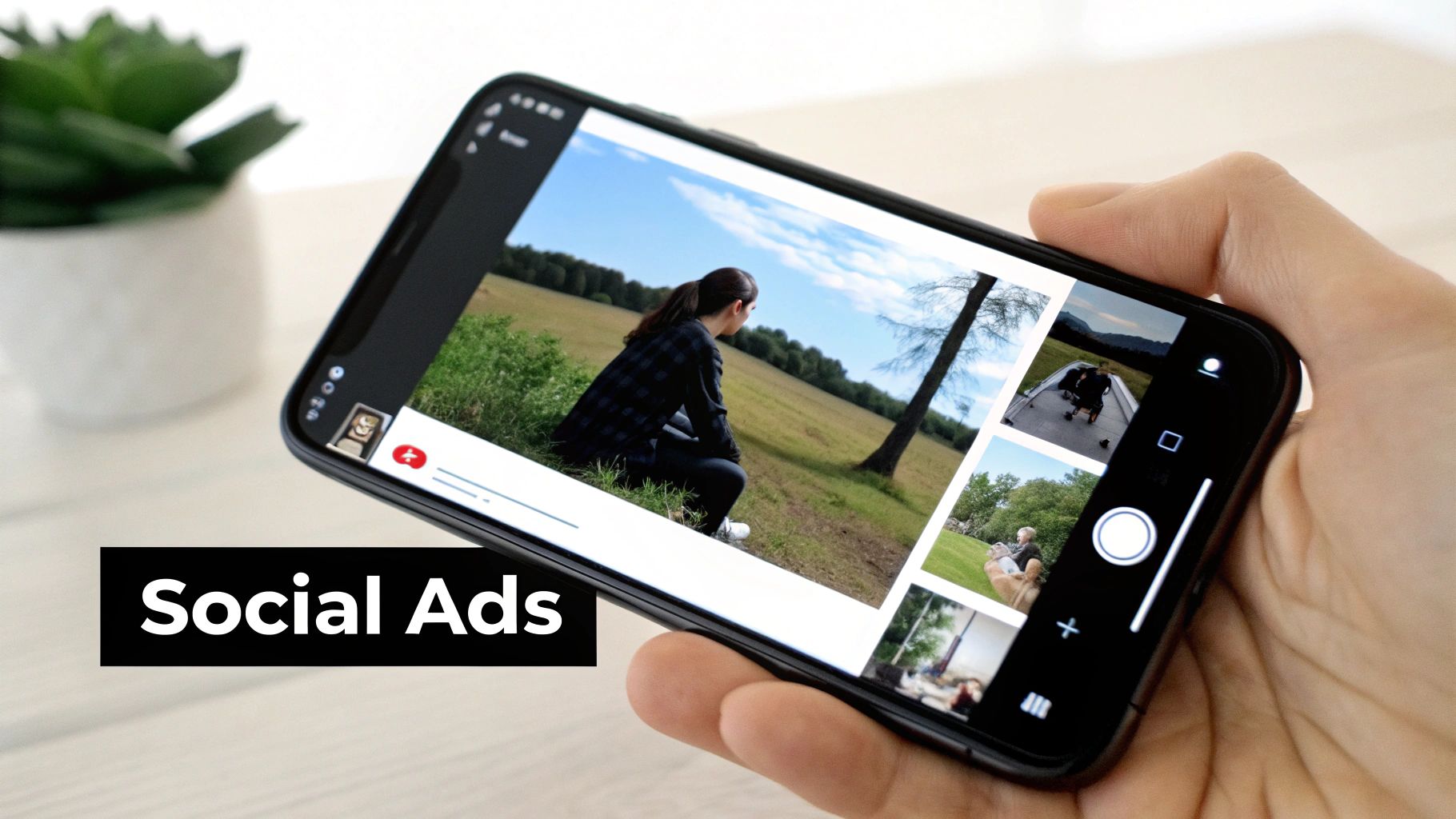 A hand holds a smartphone horizontally displaying a photo gallery, with a 'Social Ads' text overlay.