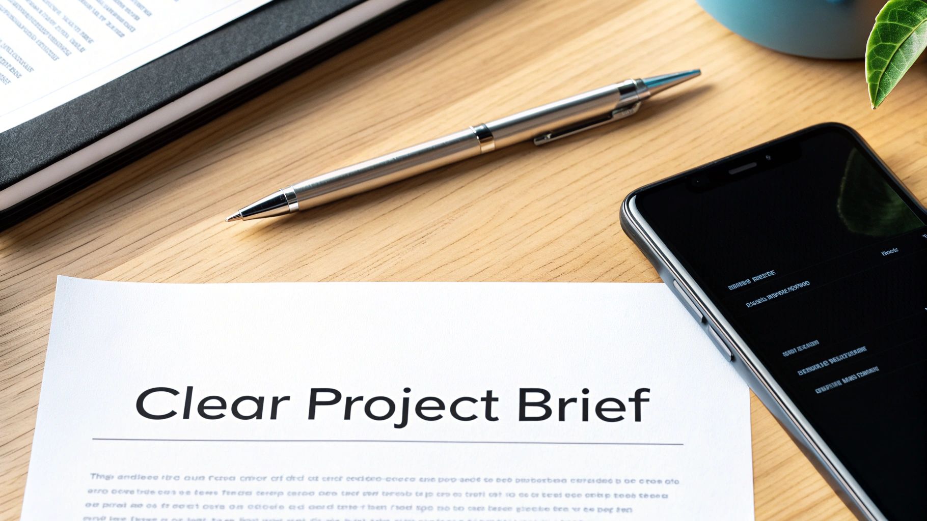 A top-down view of a desk with a notebook, pen, smartphone, and a 'Clear Project Brief' document.
