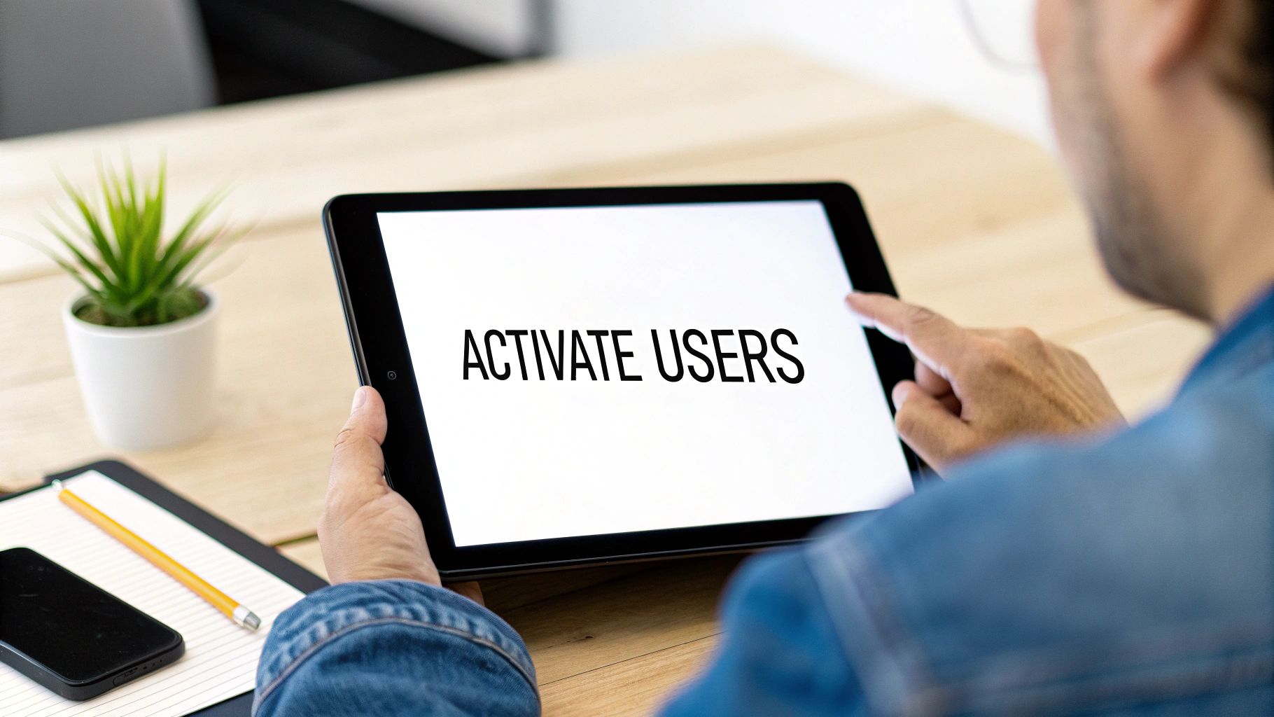 A person holds a tablet displaying 'ACTIVATE USERS' on its screen, sitting at a wooden desk.