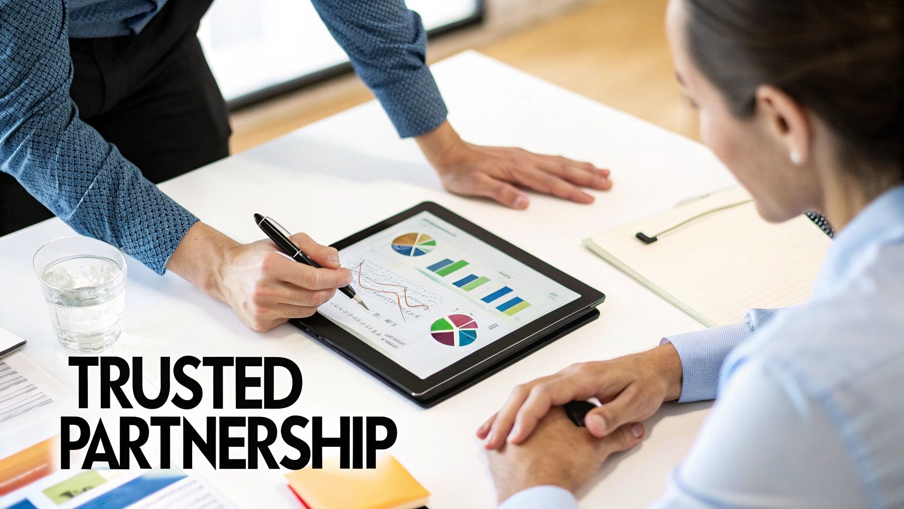 Three professionals collaborate in a business meeting, analyzing charts on a tablet, symbolizing trusted partnership.