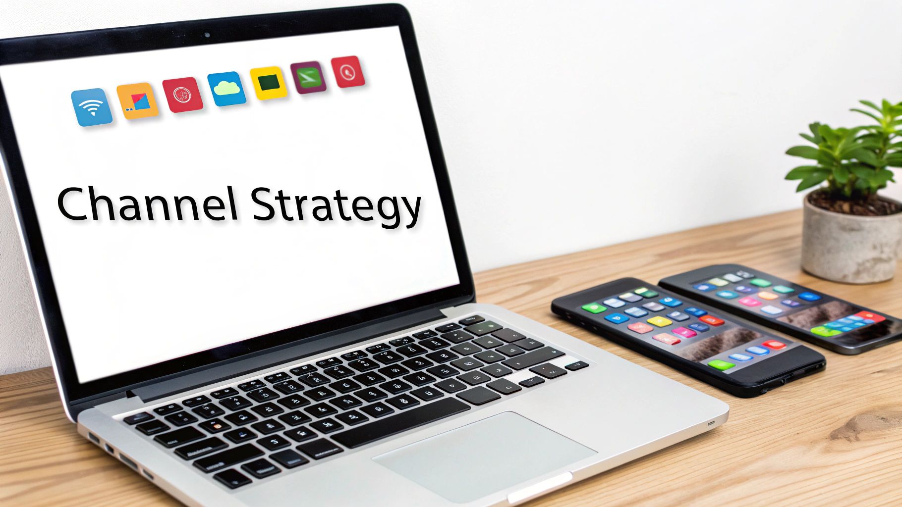 A laptop displaying 'Channel Strategy' with various app icons, next to two smartphones on a wooden desk.