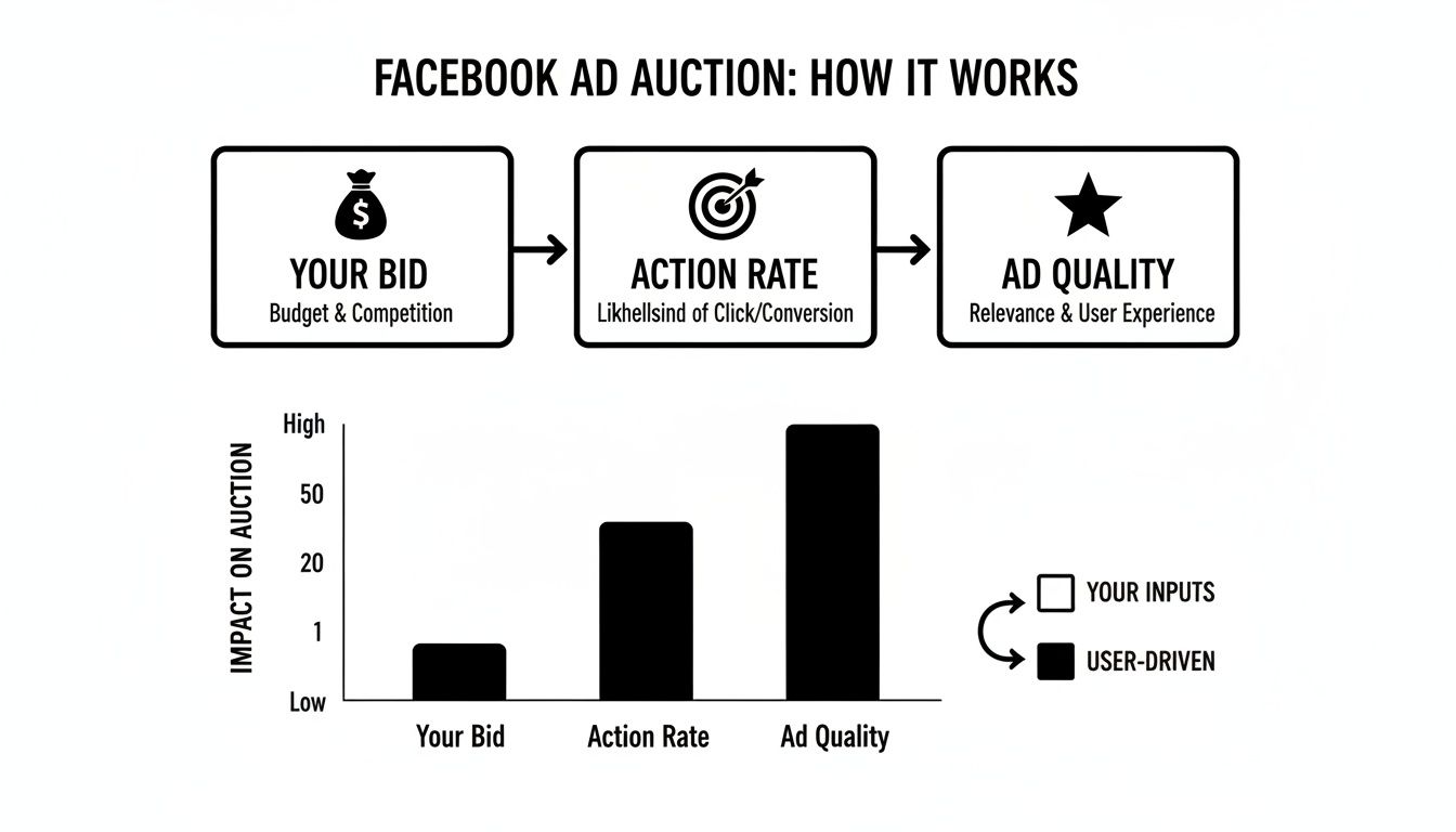 Diagram explaining Facebook ad auction mechanics with factors like bid, action rate, and ad quality, showing their impact.