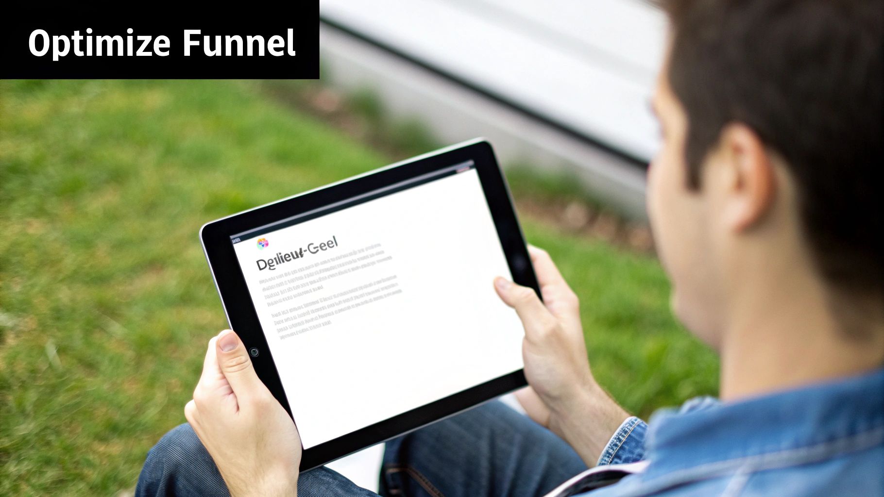 Person relaxing on grass, holding a tablet displaying content, with an 'Optimize Funnel' text banner.