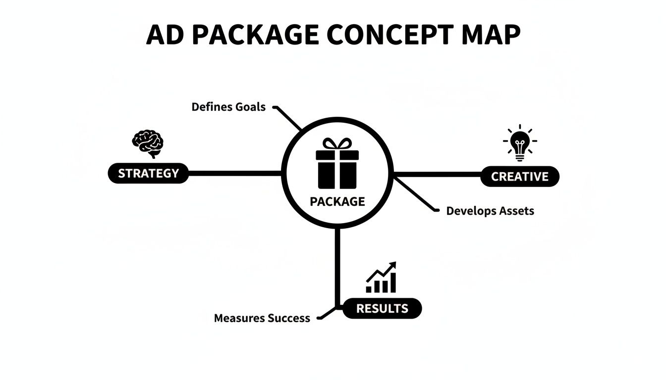 A concept map illustrating an ad package connected to strategy, creative, and results, outlining its process.
