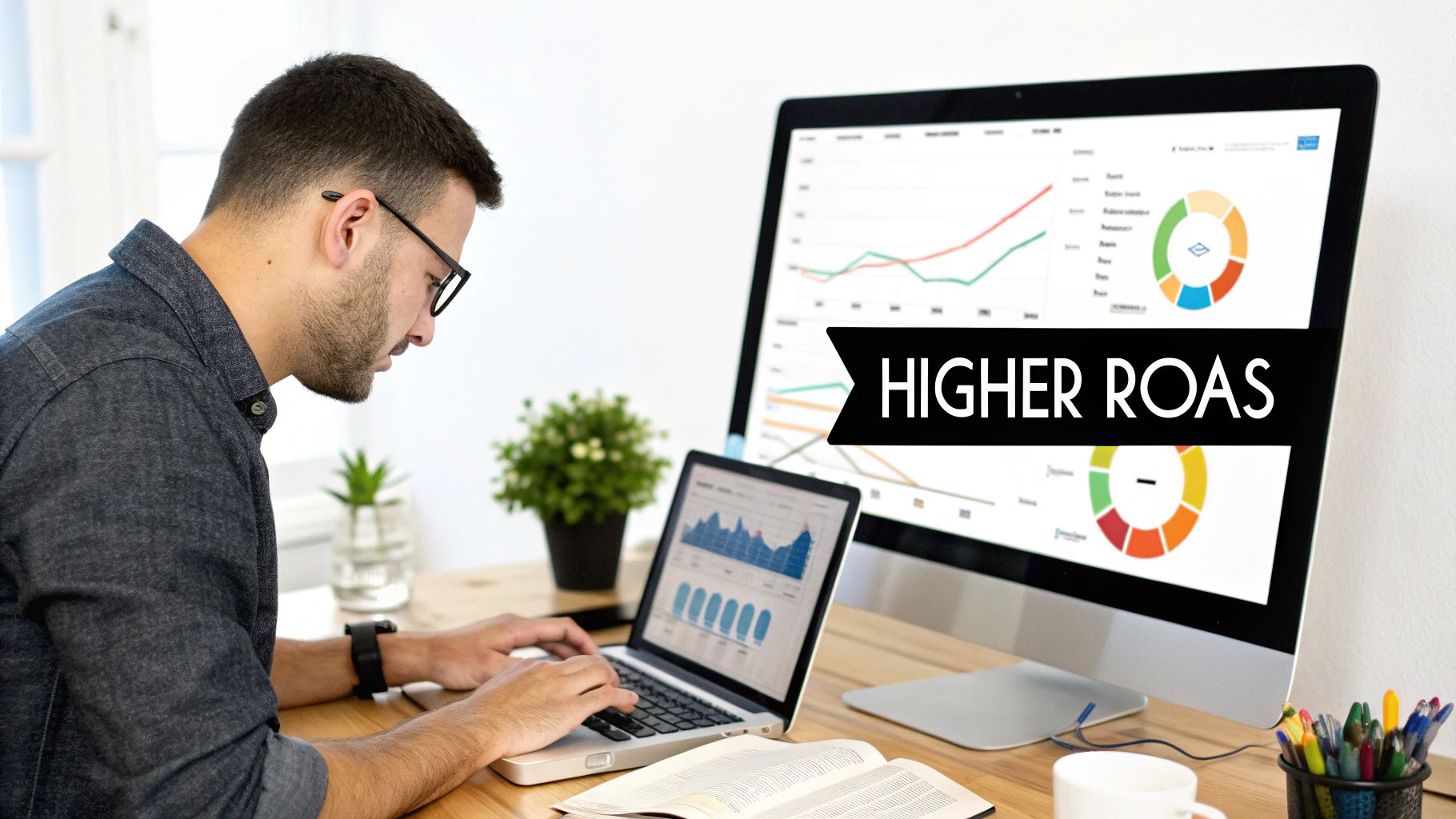 Man analyzing data on a laptop and monitor displaying 'HIGHER ROAS' for advertising performance.
