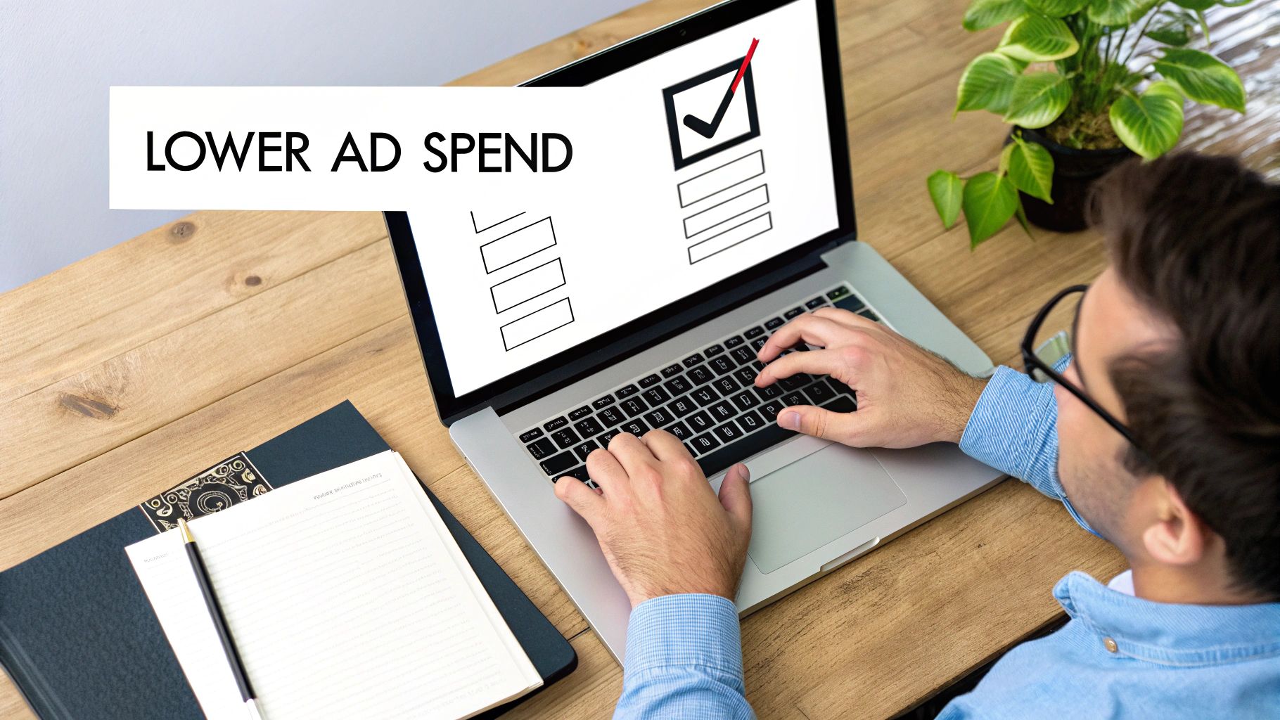Overhead view of a person typing on a laptop, screen showing a checklist and 'LOWER AD SPEND' text.
