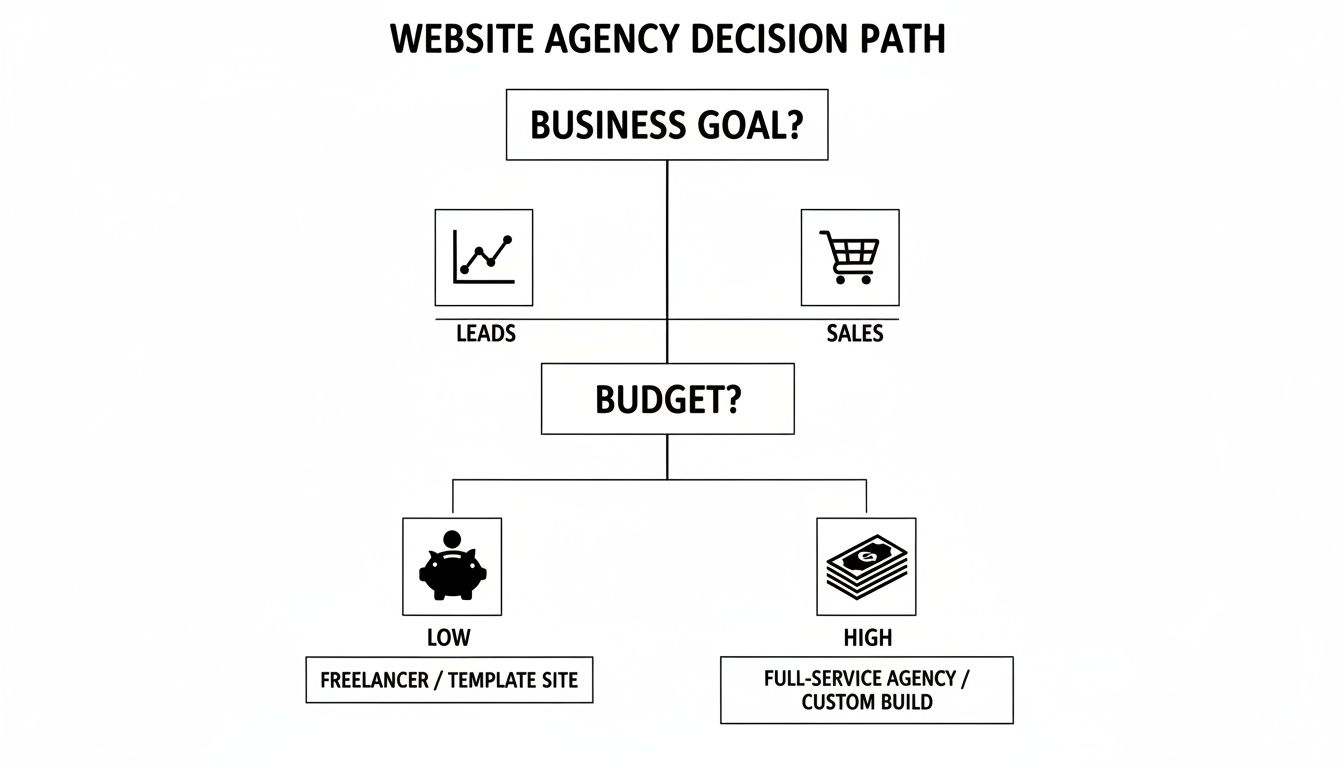 Flowchart detailing the website agency decision path based on business goals and budget levels.