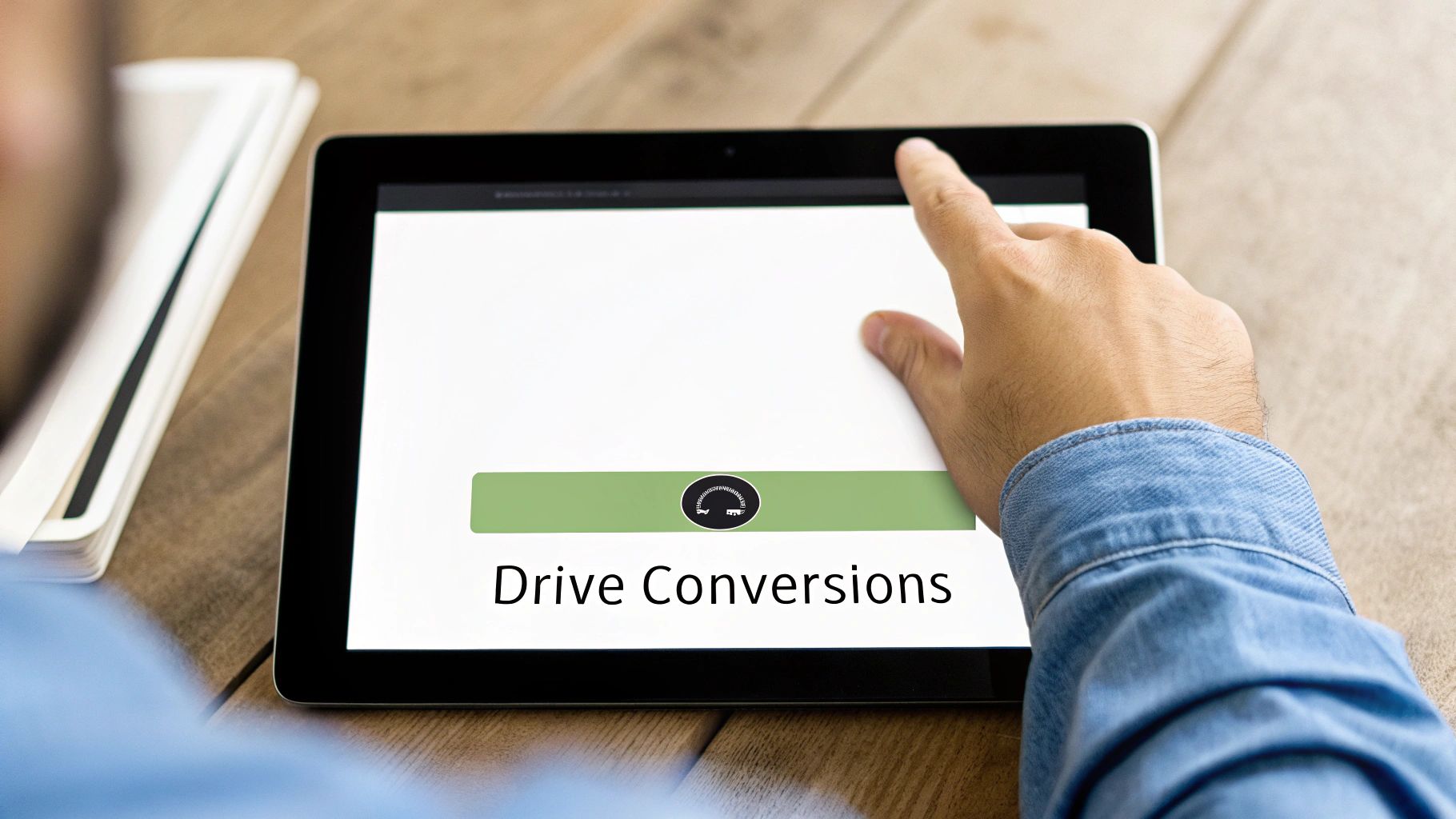 A person's hand touches a tablet screen displaying 'Drive Conversions' text and a green bar.
