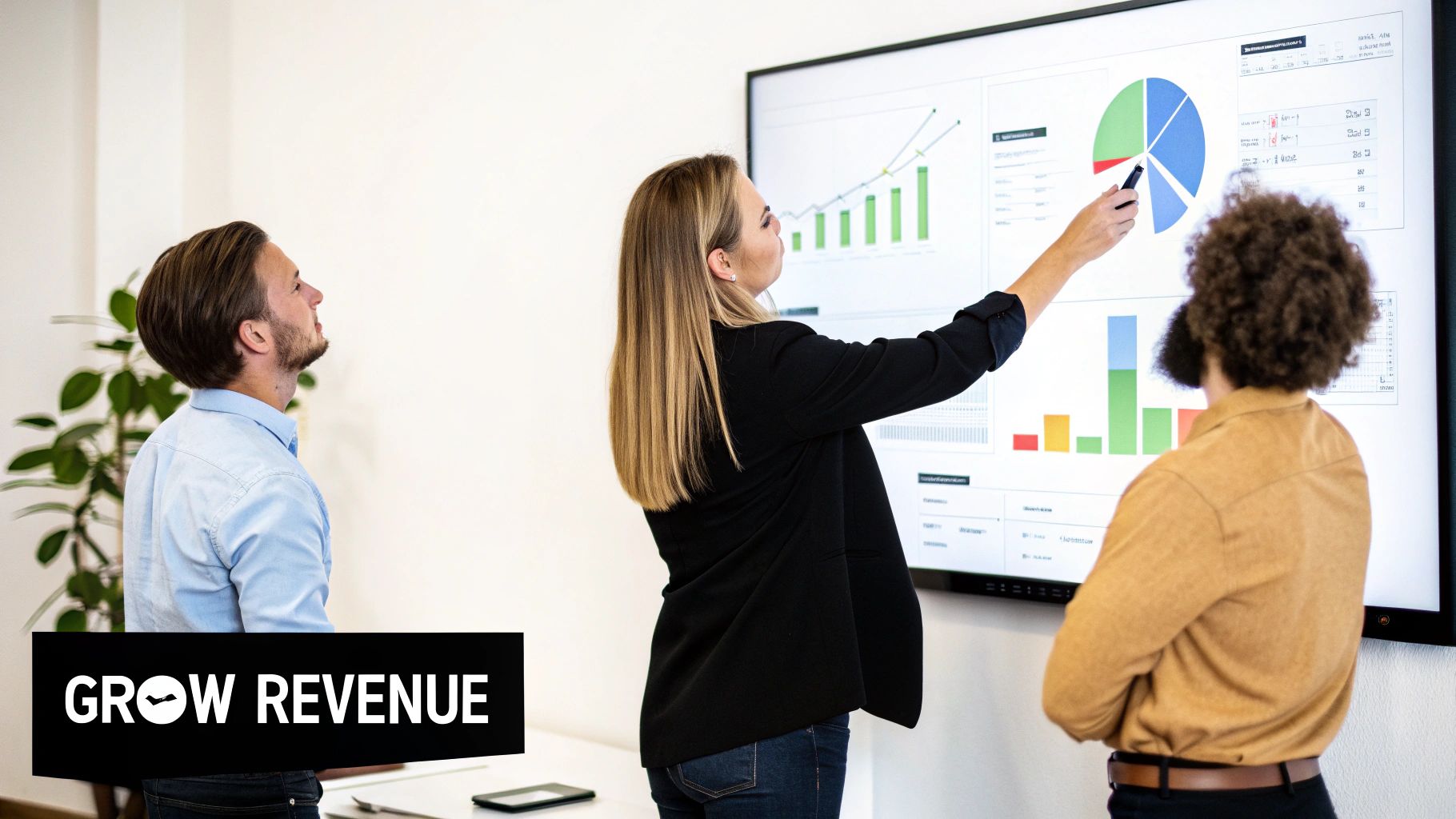 Business professionals discussing revenue growth data on a large screen in a modern office.