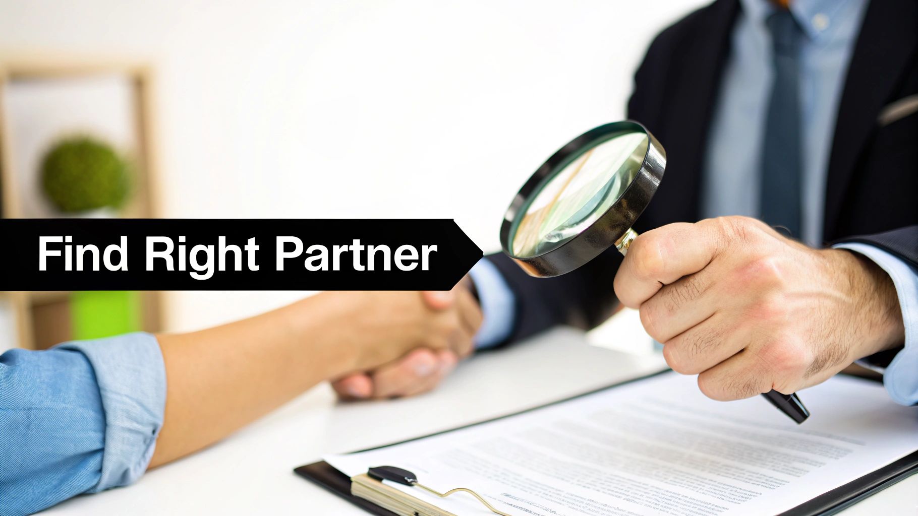 Two people shake hands over a contract; one holds a magnifying glass, with text 'Find Right Partner'.