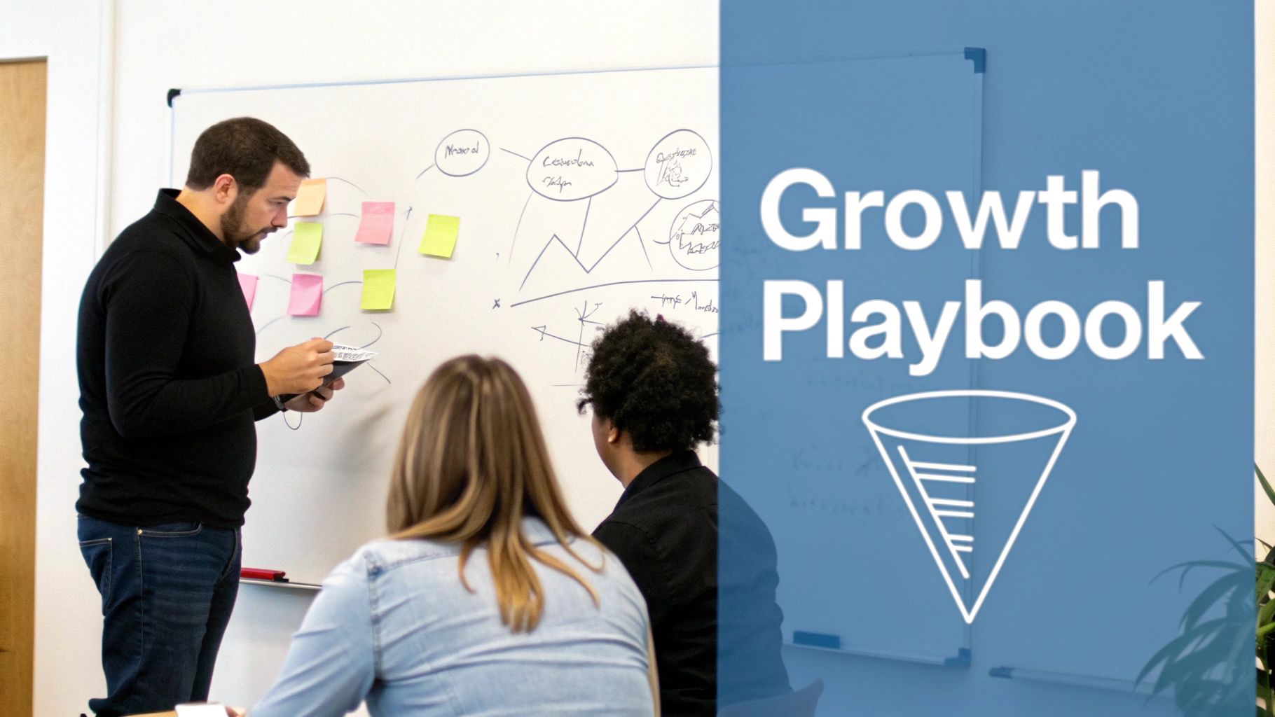 A man leads a business brainstorming session with two women at a whiteboard, featuring a 'Growth Playbook' overlay.