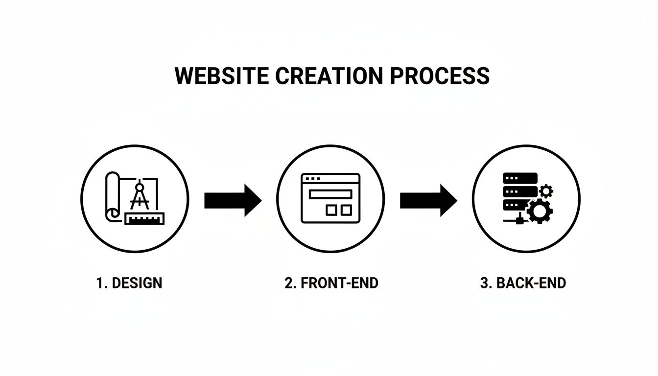 A three-step diagram illustrating the website creation process: design, front-end, and back-end development.