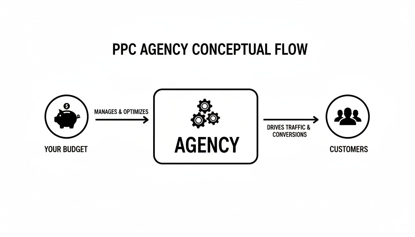 Diagram illustrating a PPC agency managing budget to optimize campaigns and drive traffic and conversions for customers.