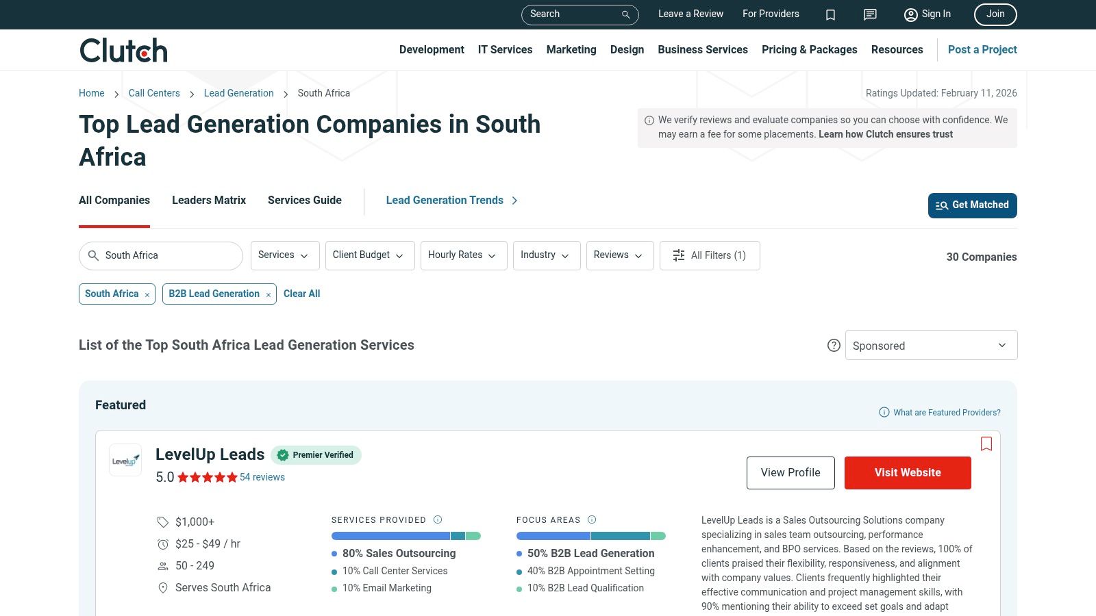 A screenshot of the Clutch website, showing a list of business lead generation companies with their ratings, reviews, and services.