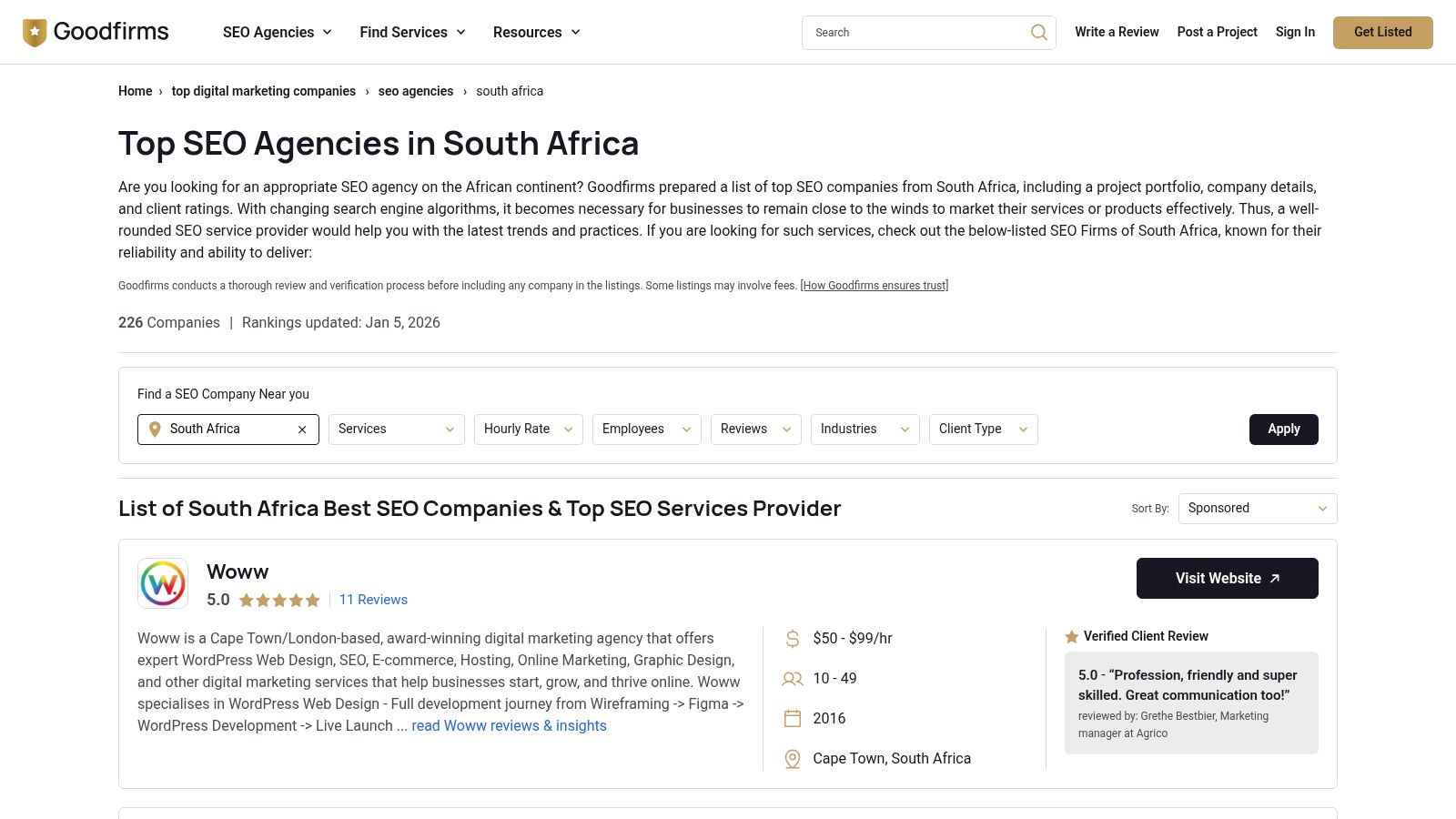A screenshot of the GoodFirms website showing a list of SEO agencies in South Africa, with filters and ratings visible.