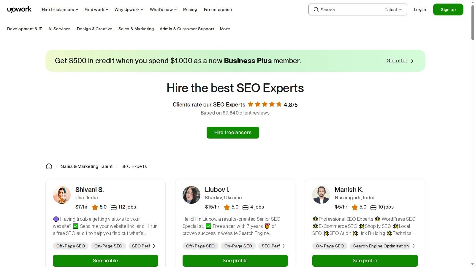 A screenshot of the Upwork platform showing a search for SEO experts, displaying freelancer profiles with job success scores, hourly rates, and skills.