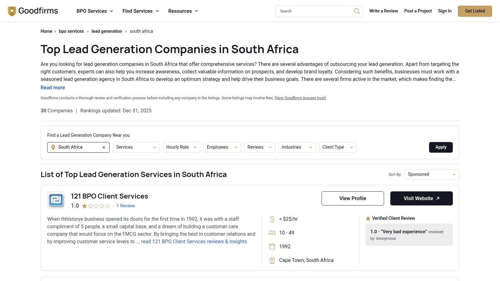 A screenshot of the GoodFirms website, showing a list of business lead generation companies in South Africa with ratings and details.