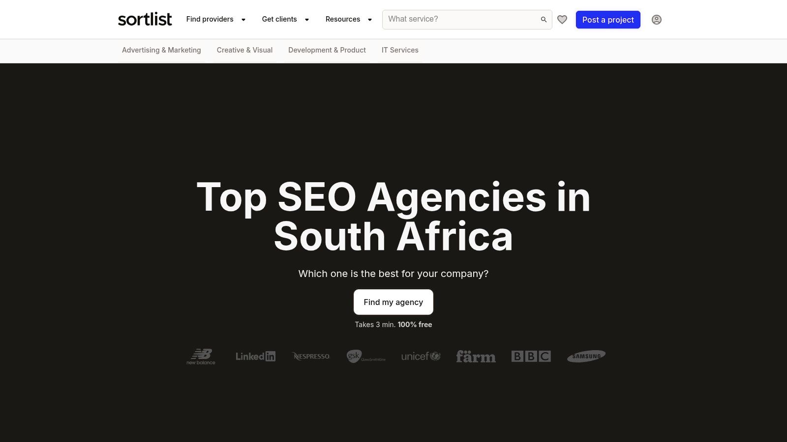 A screenshot of the Sortlist website showing its directory of SEO agencies in South Africa, with filters for services and budget.