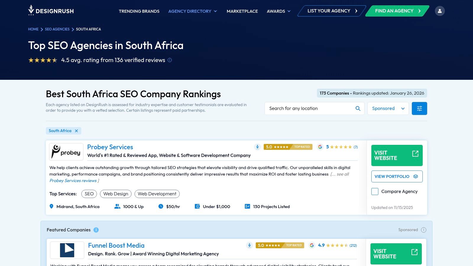 A screenshot of the DesignRush website showing a list of top SEO companies in South Africa, with filters and agency profiles.