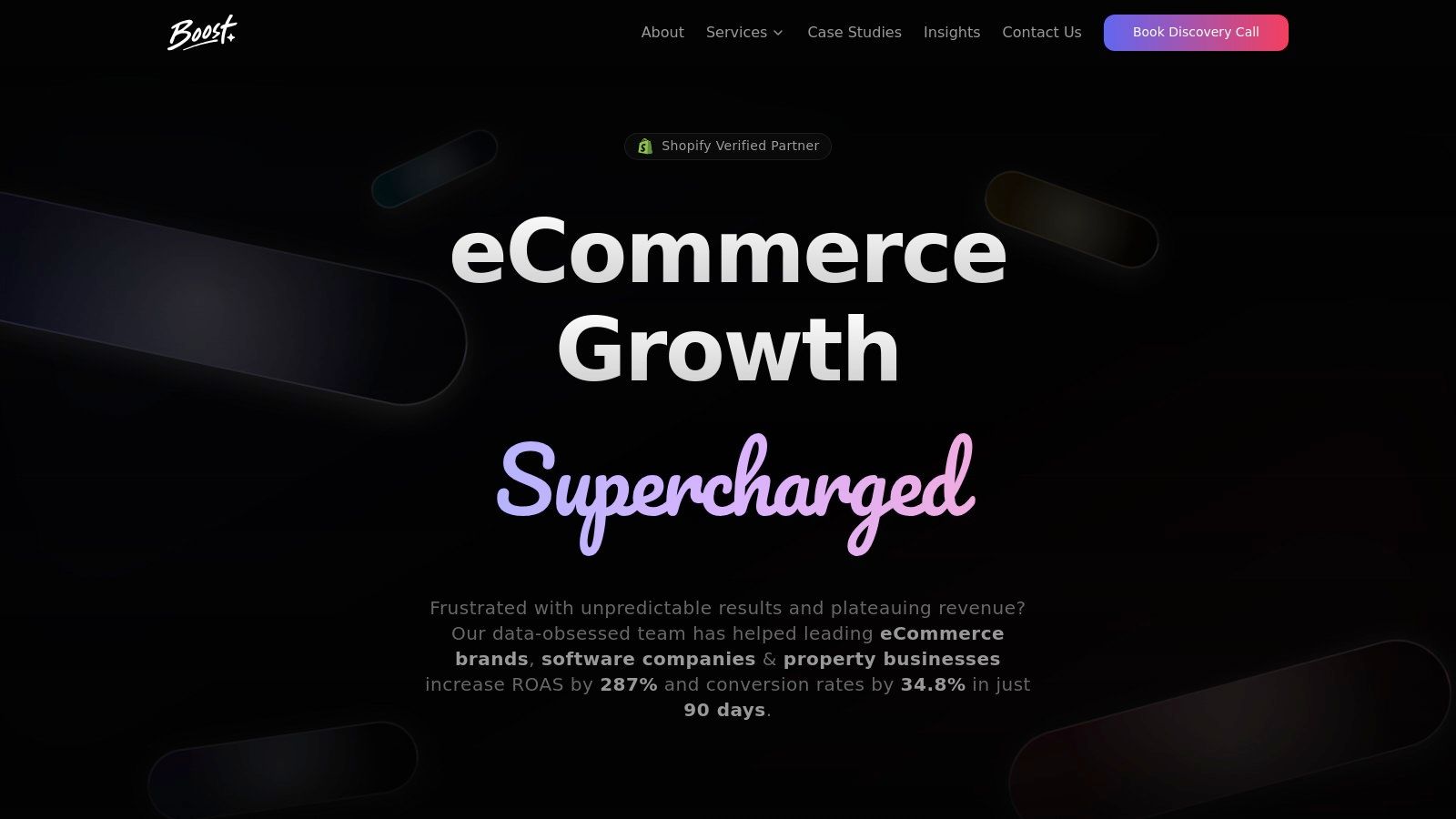 A collage showcasing Market With Boost's eCommerce growth expertise, including Shopify partnership, Meta Business Partner status, and a graph showing an upward revenue trend.