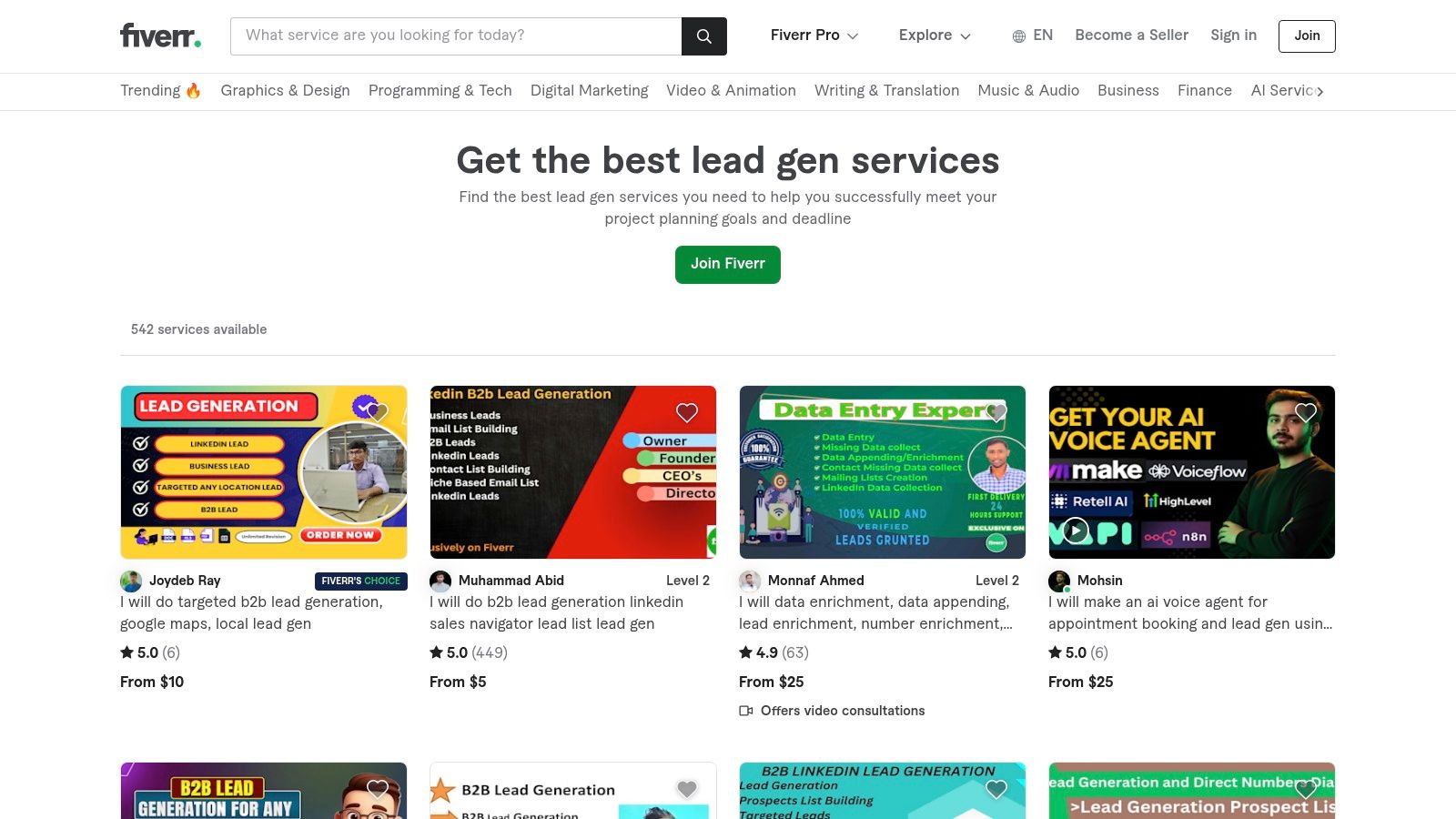 A screenshot of the Fiverr website showing various gigs for lead generation, with seller ratings and starting prices.