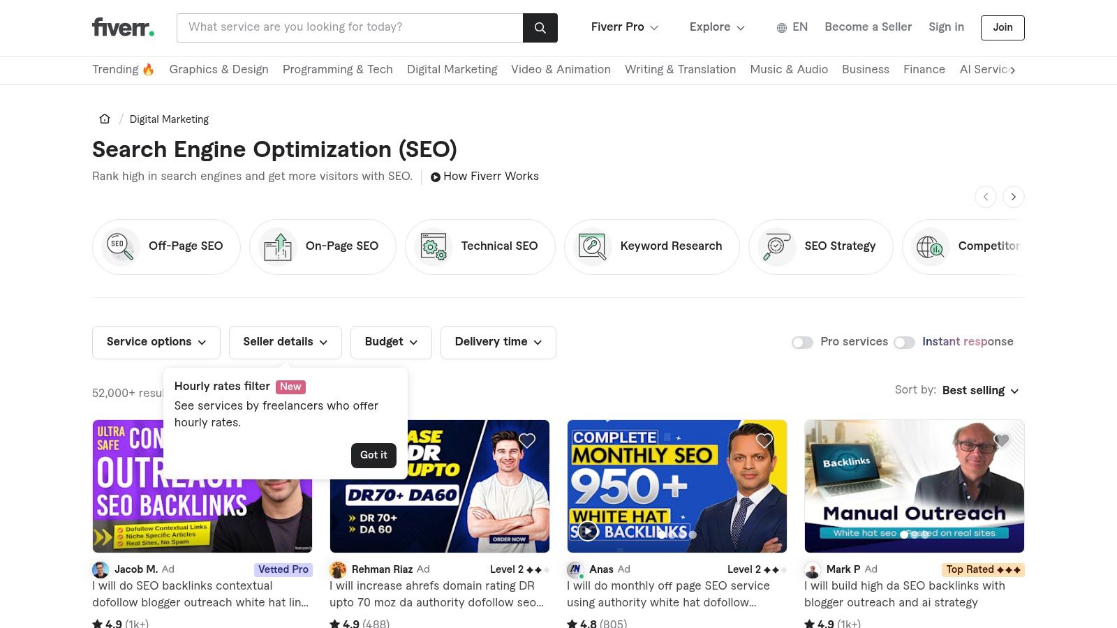 A screenshot of the Fiverr website showing various SEO service gigs available for purchase, with ratings and pricing.