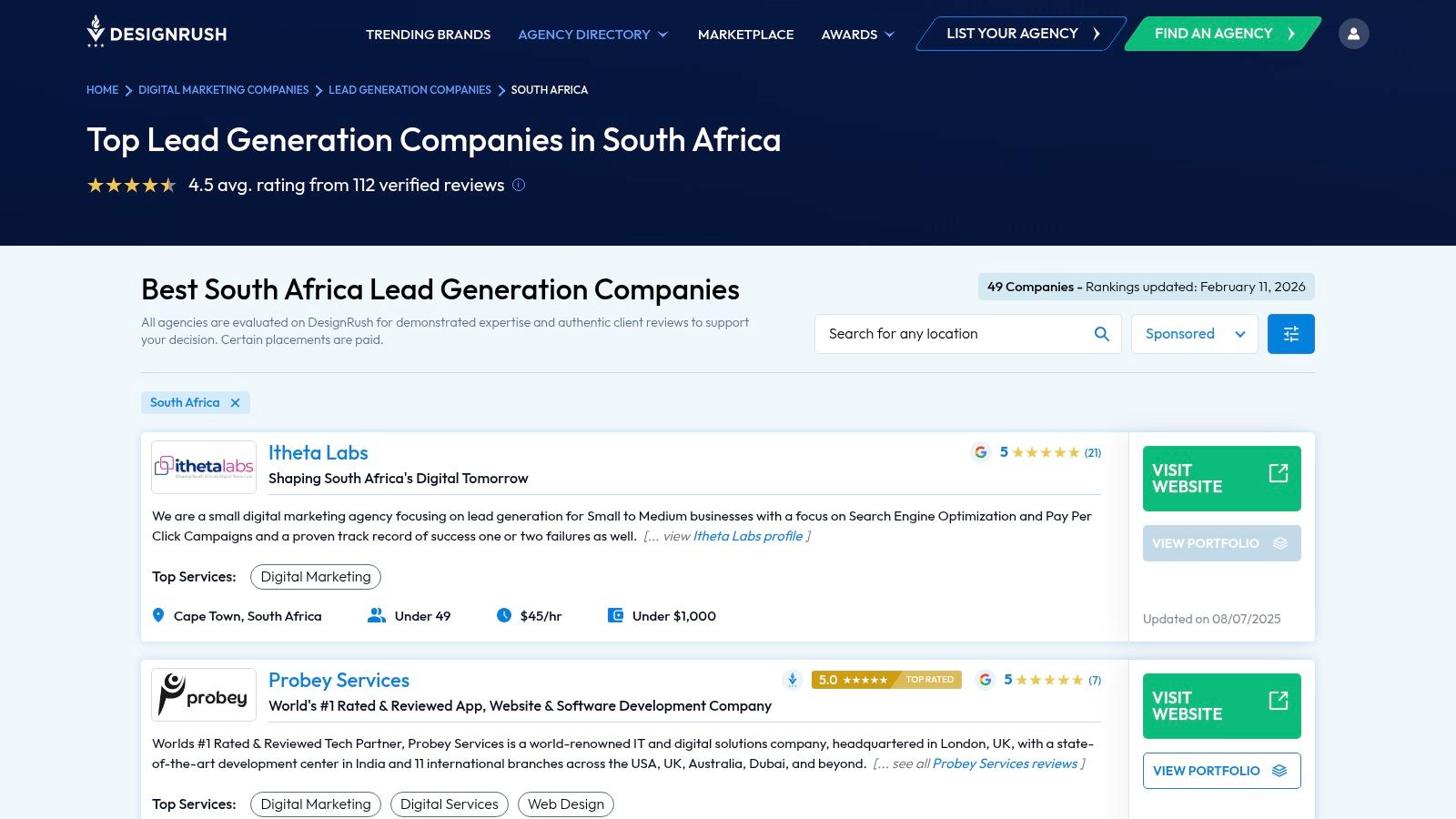 A screenshot of the DesignRush website, displaying a list of lead generation agencies with their key details like team size, hourly rates, and client reviews.
