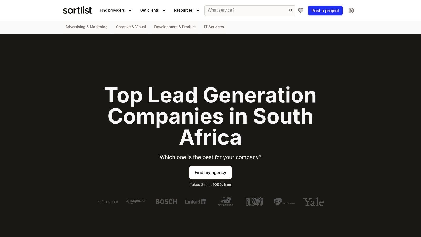 A screenshot of the Sortlist website showing its interface for finding lead generation agencies in South Africa.