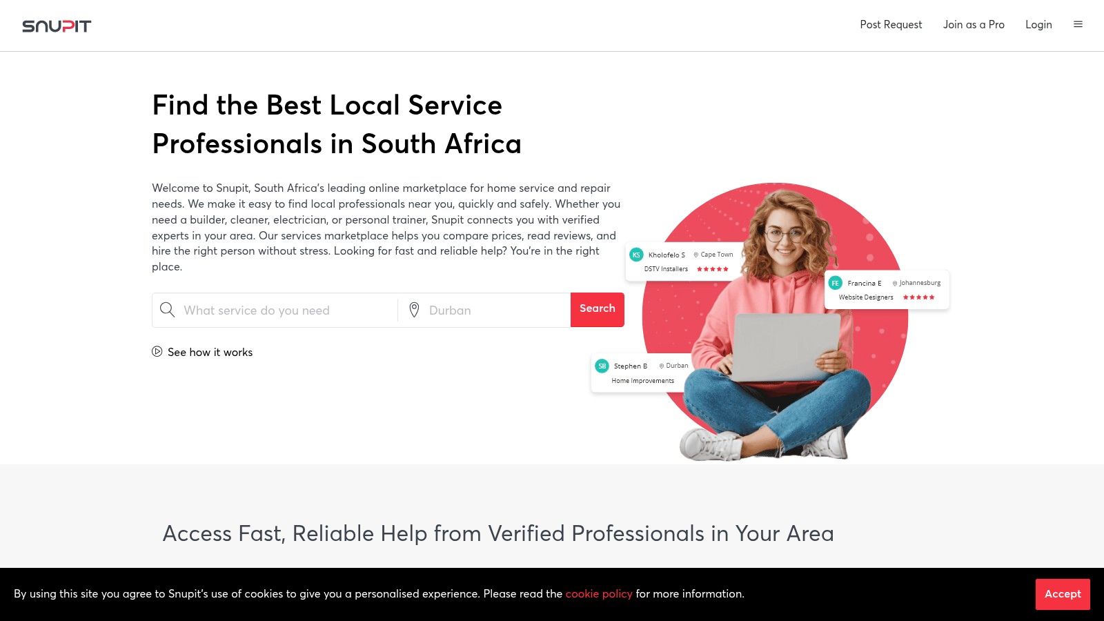 A user interface screenshot of Snupit, showing a professional's profile with their services, ratings, and a "Get a Quote" button, highlighting its focus on connecting clients with local service providers.