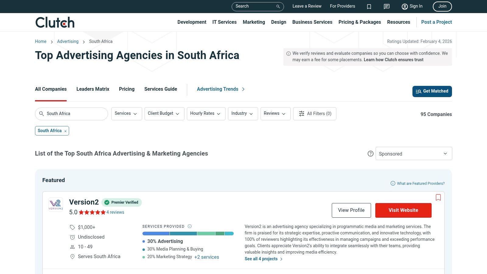 A screenshot of the Clutch website showing a list of top advertising agencies in South Africa, with filters for location, service focus, and client budget.